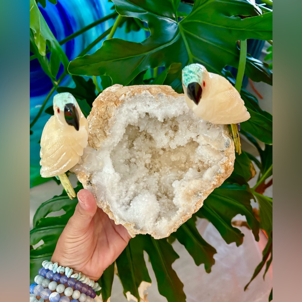 Parrots Carvings on Quartz Geode